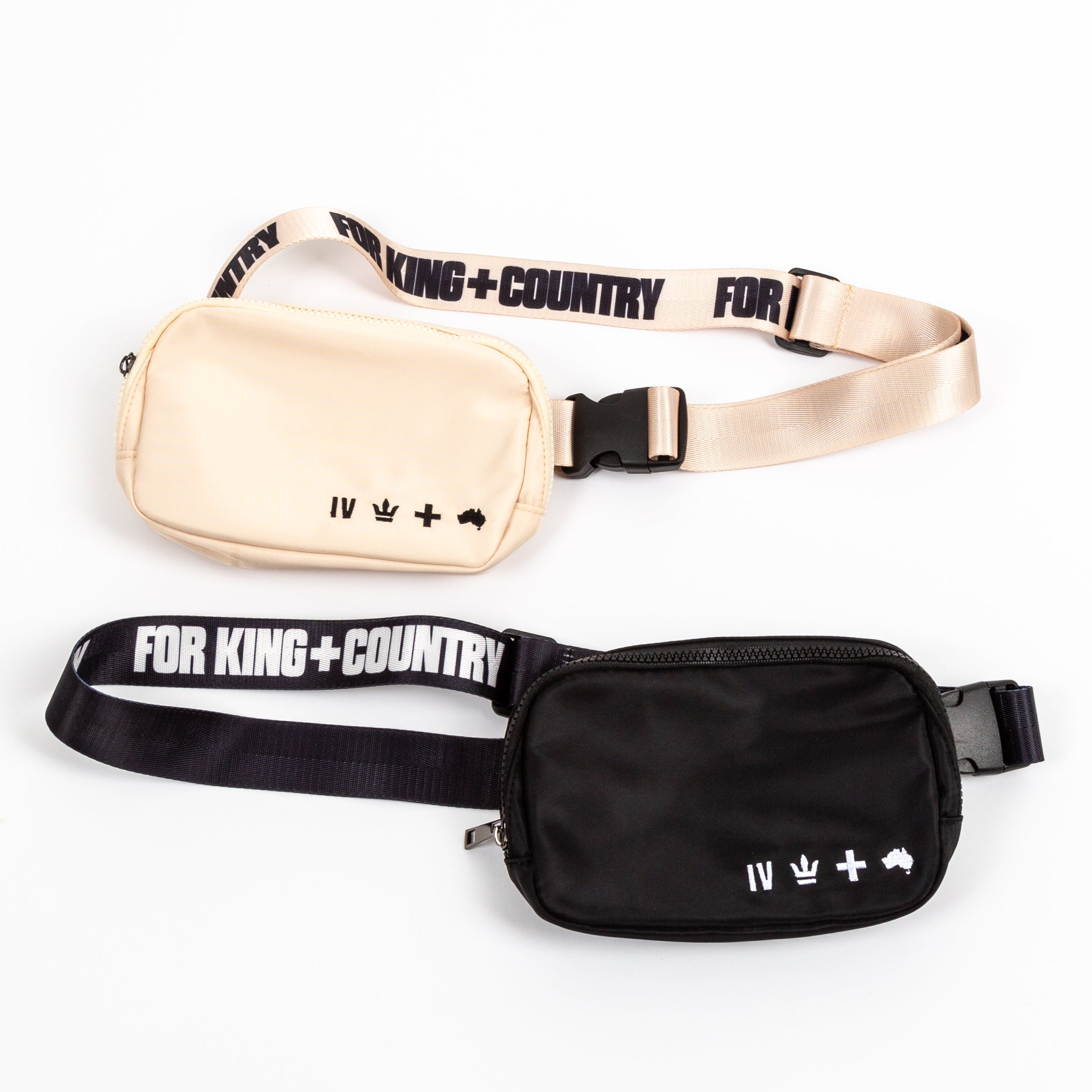 for KING + COUNTRY fanny pack front view strap bag embroidered symbols nylon belt