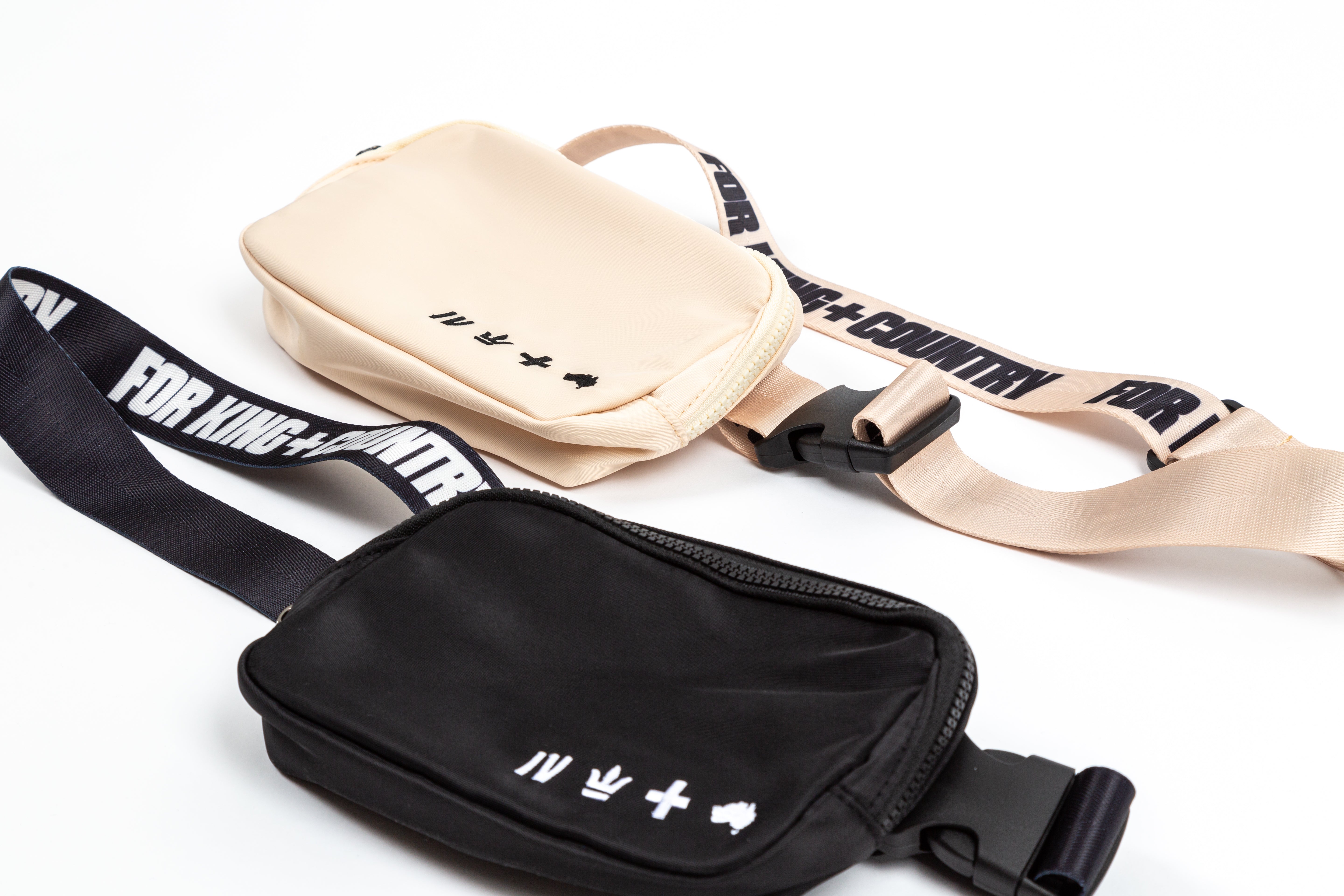 for KING + COUNTRY fanny pack front view strap bag embroidered symbols nylon belt angled view