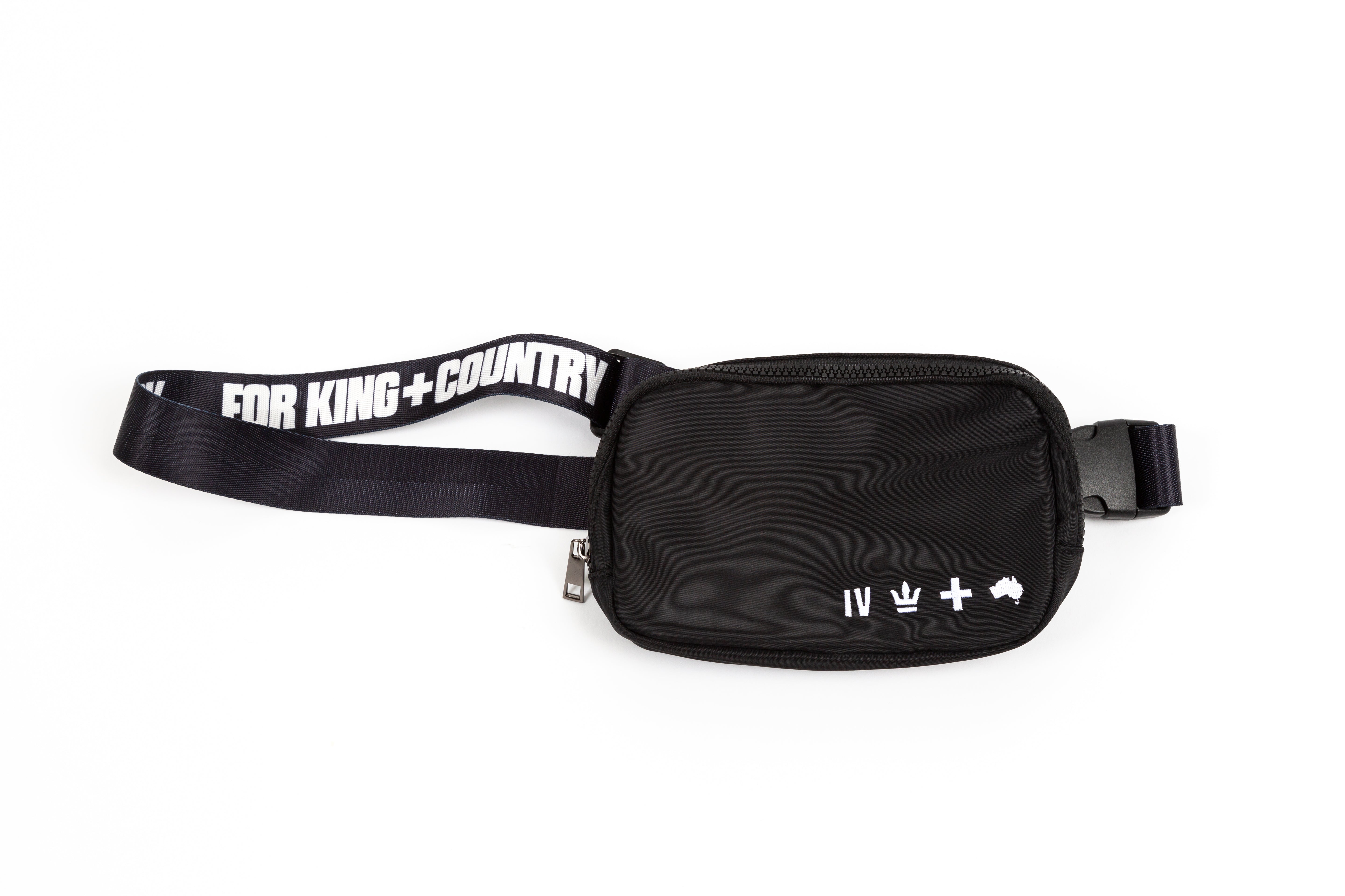black for KING + COUNTRY fanny pack front view strap bag embroidered symbols nylon belt