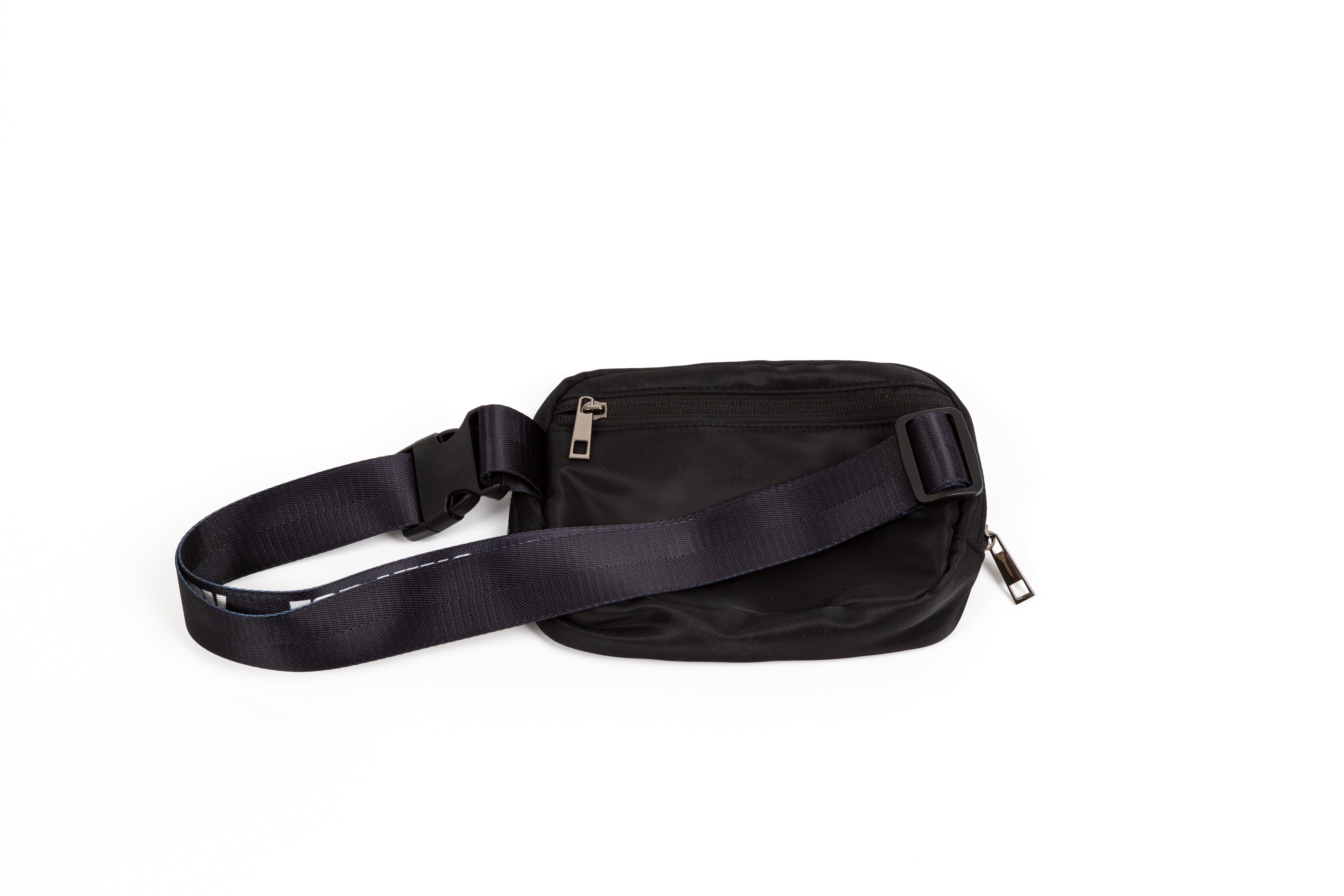 black for KING + COUNTRY fanny pack front view strap bag embroidered symbols nylon belt back view