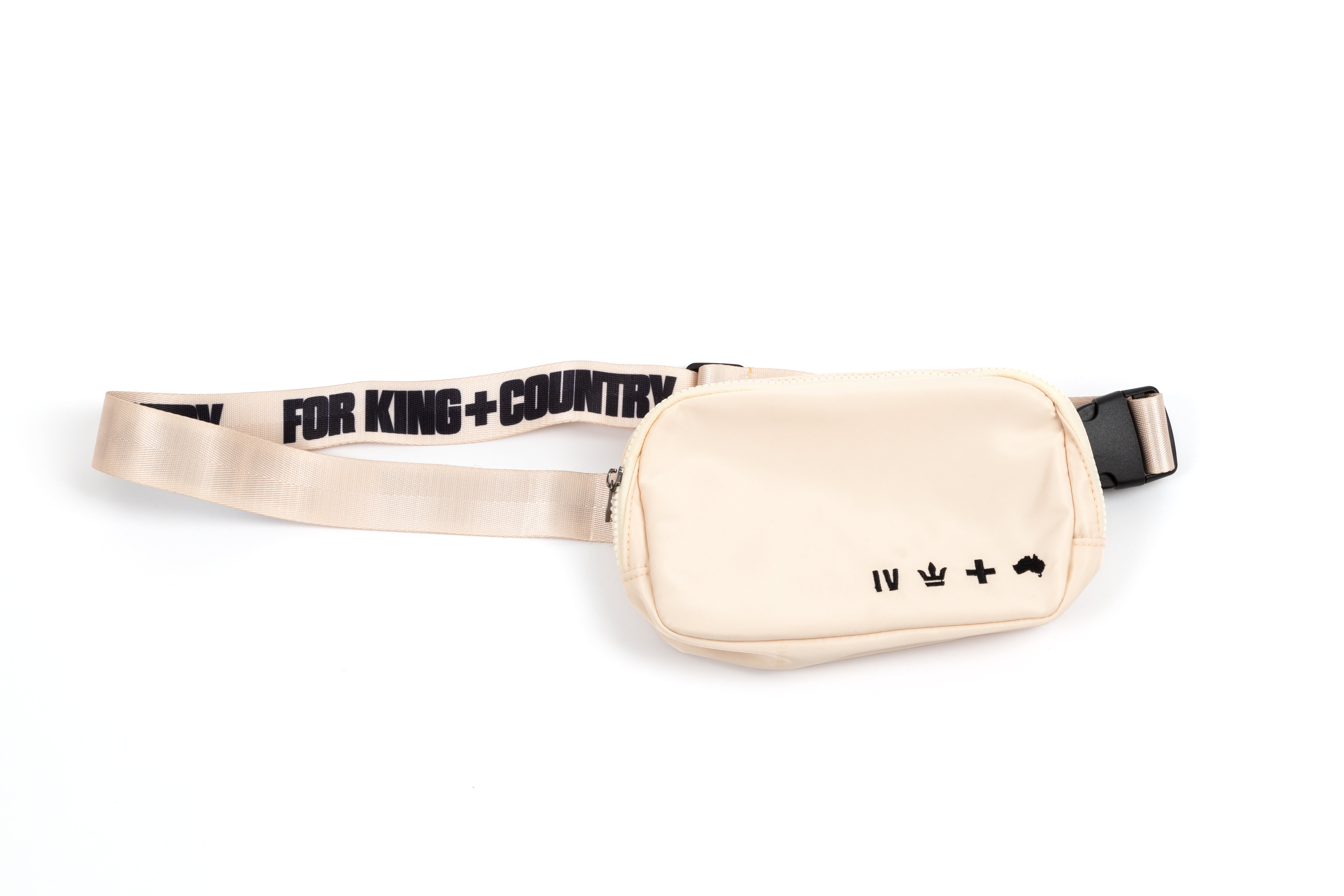 cream for KING + COUNTRY fanny pack front view strap bag embroidered symbols nylon belt