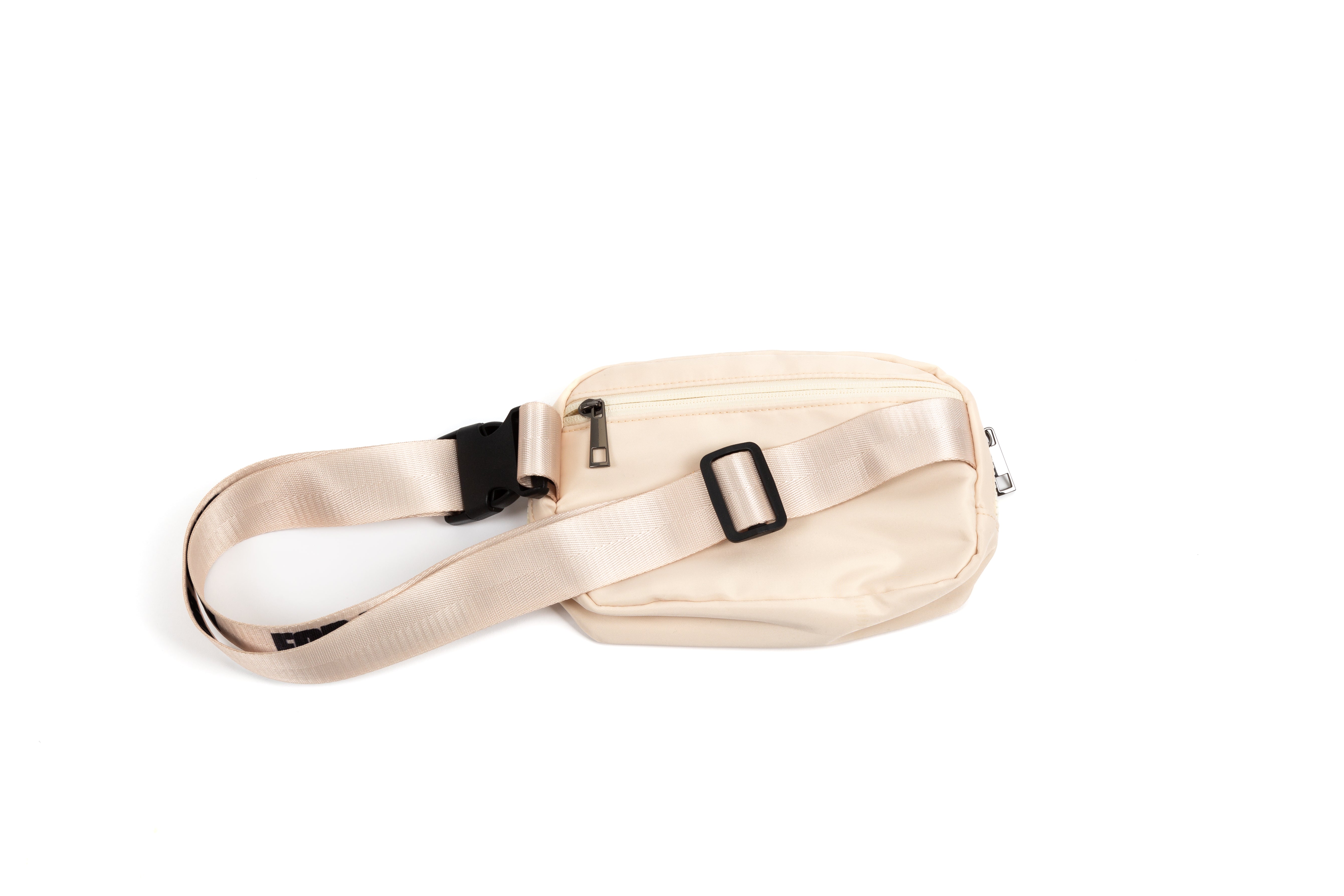 for KING + COUNTRY fanny pack front view strap bag embroidered symbols nylon belt back view cream