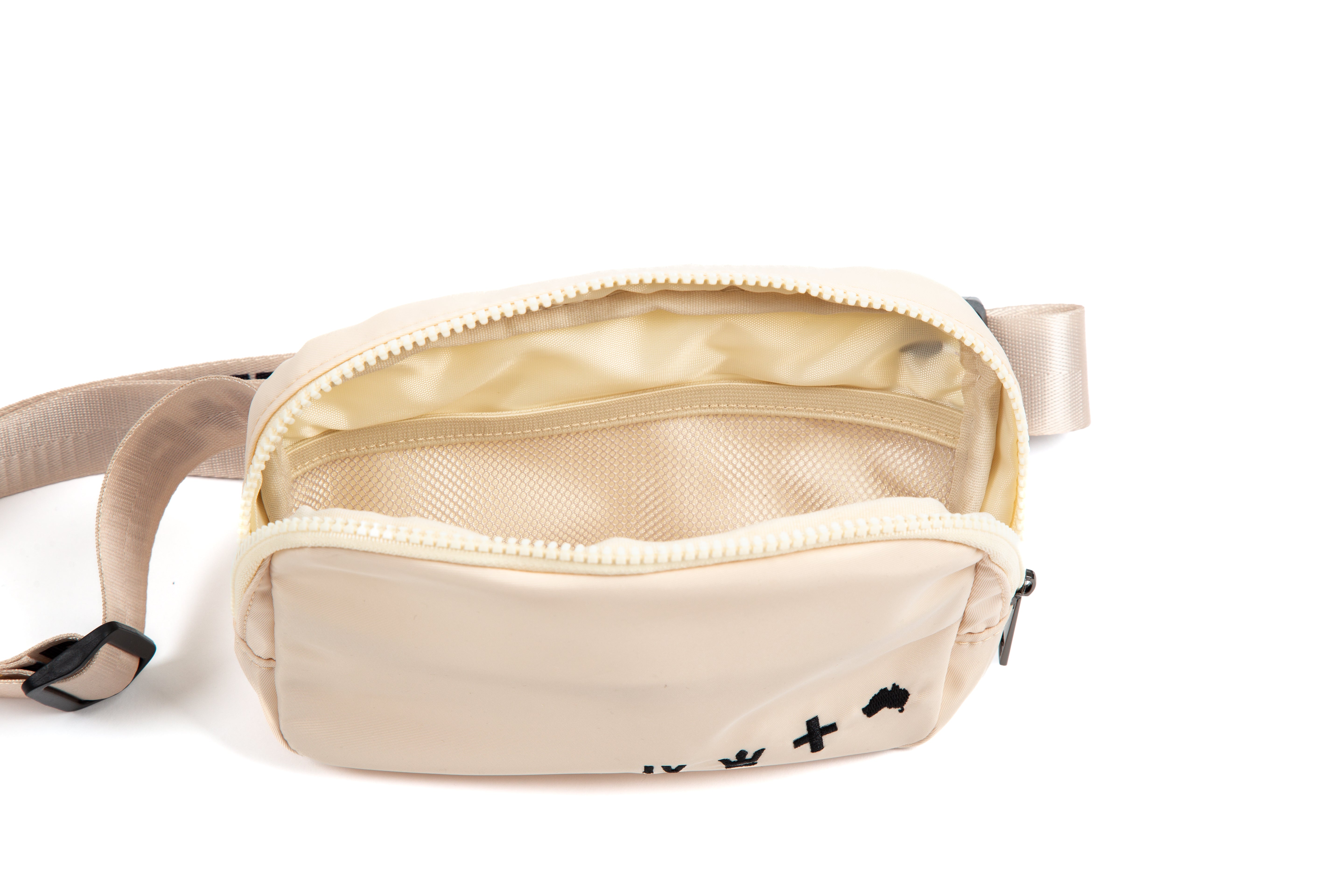 for KING + COUNTRY fanny pack front view strap bag embroidered symbols nylon belt cream color inside pocket view