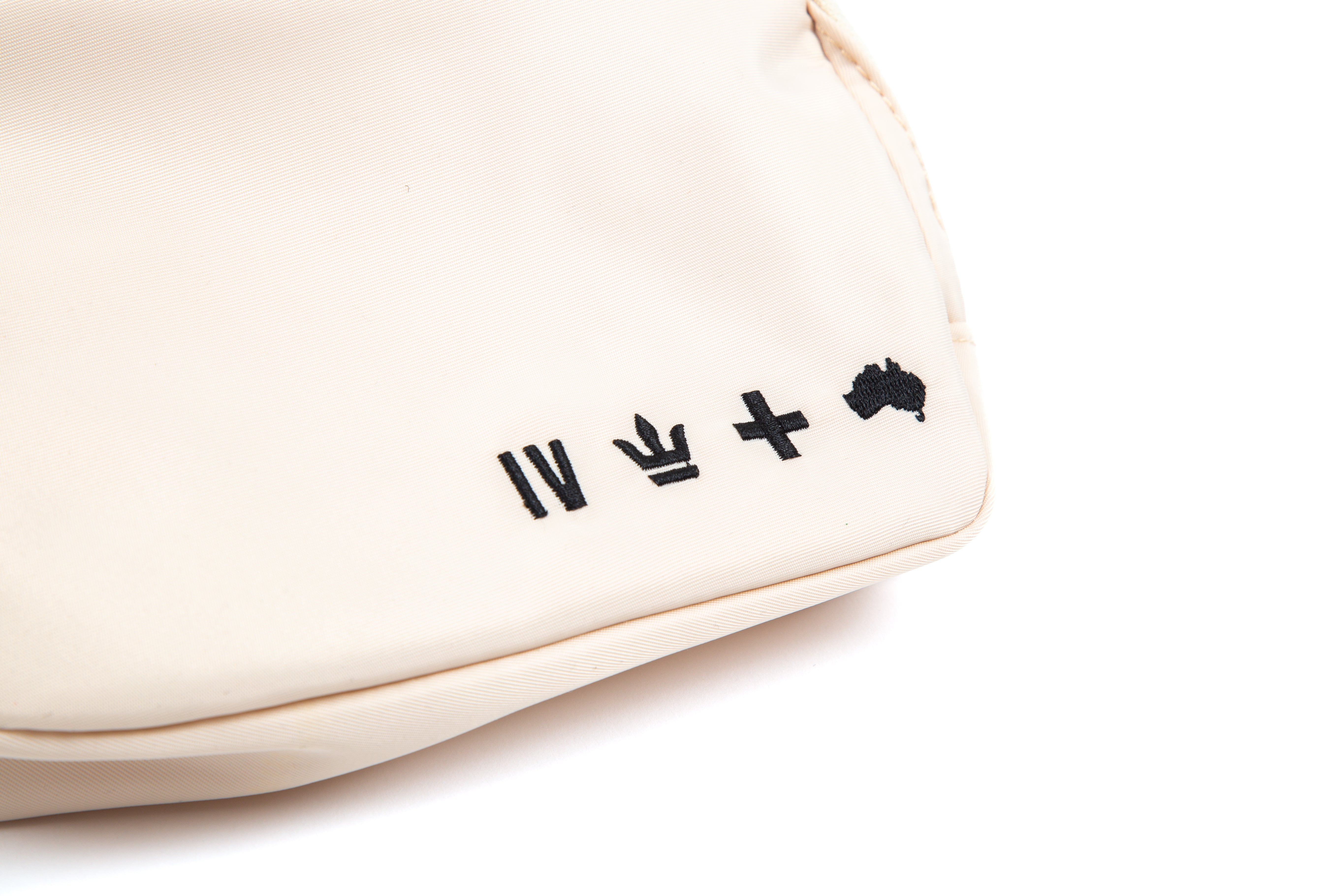 for KING + COUNTRY fanny pack front view strap bag embroidered symbols nylon belt close up