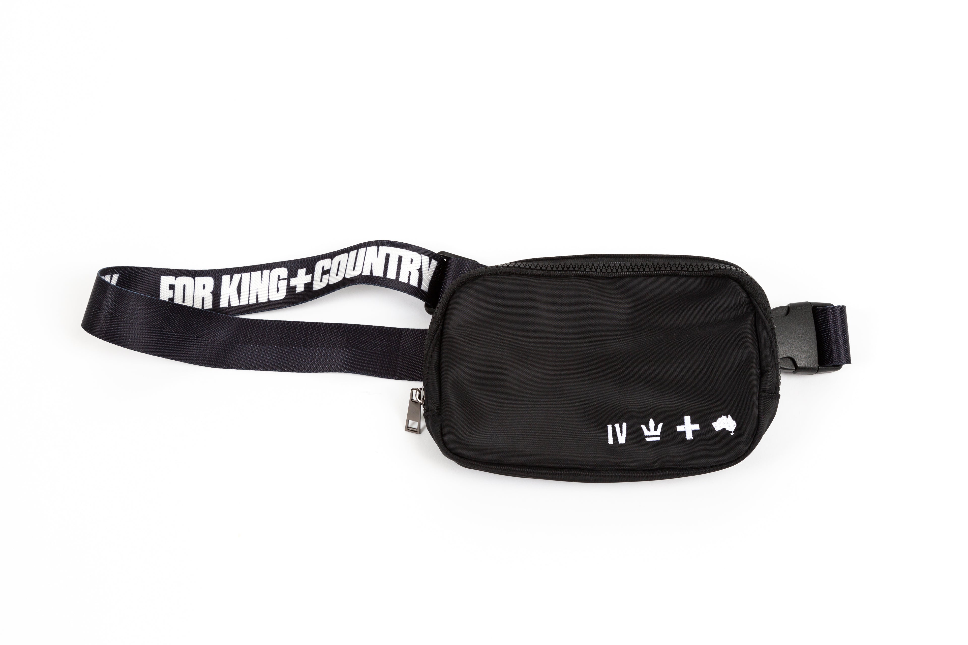 black for KING + COUNTRY fanny pack front view strap bag embroidered symbols nylon belt
