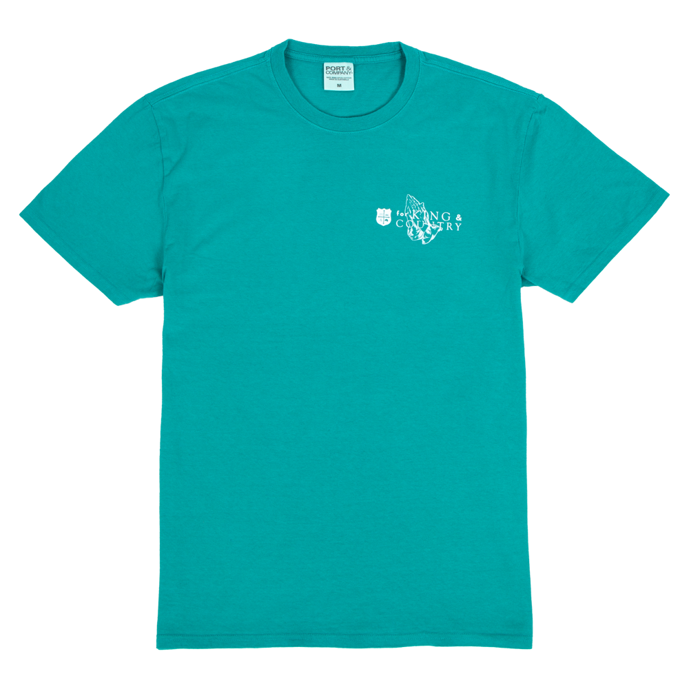 Amen teal praying hands crest t-shirt with white writing front for King and Country