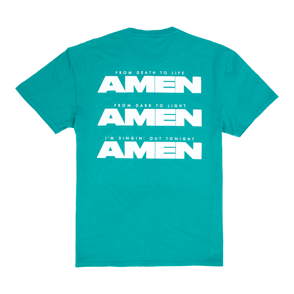 Amen teal t-shirt with white writing back for King and Country