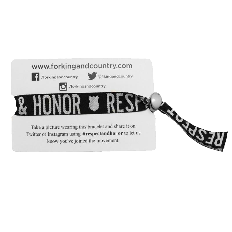 Respect honor crest black and white ribbon wristband product shot packaging for King and Country